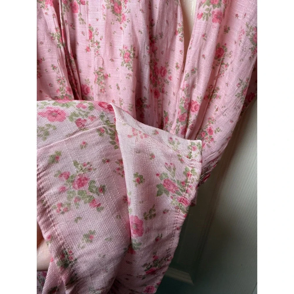 Trixx Pink Floral Long Sleeve Romper Cottagecore Square Neck Rose Print S